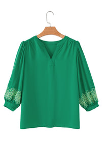 Green Floral 3/4 Sleeve Notched V Neck Blouse