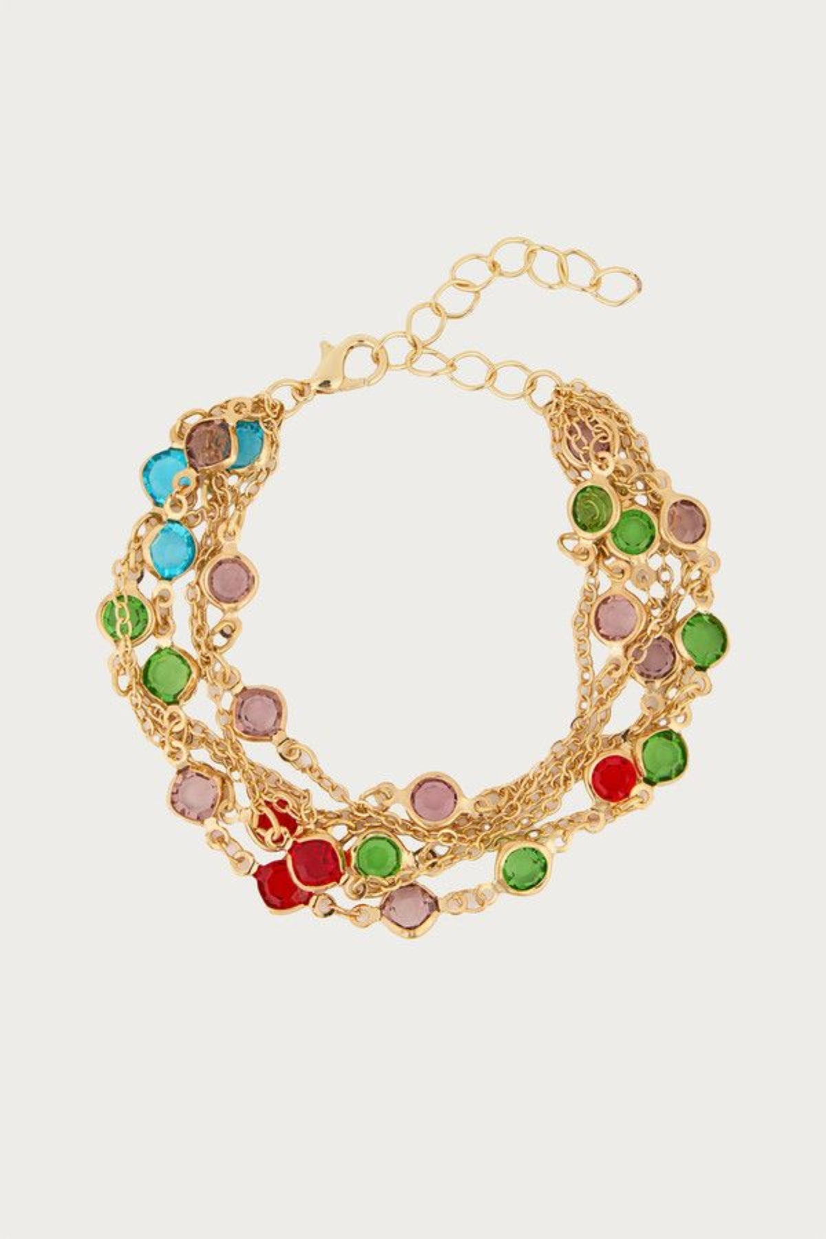 SAACHI glass multi-layer metal bracelet with intricate design and multiple glass beads on a silver-tone chain.