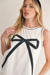 White Sweet Bow Stitching Trim Sleeveless Top