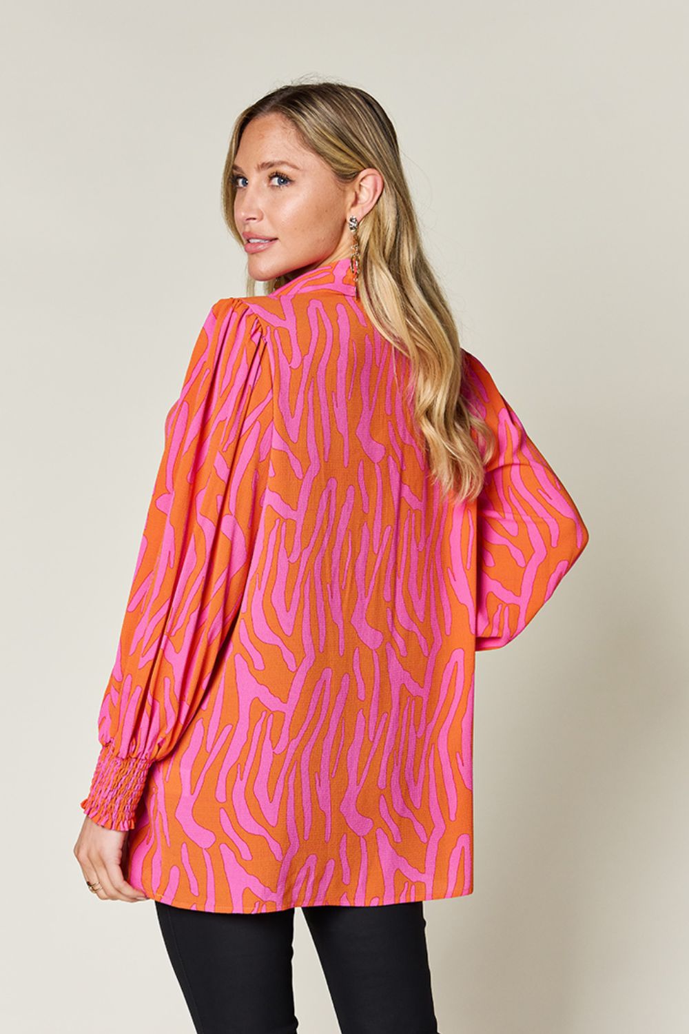 Double Take Printed Smocked Long Sleeve Blouse