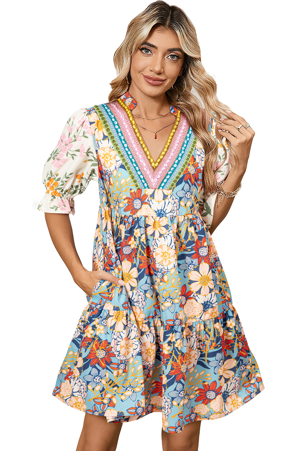 Multicolor Allover Floral Print V Neck Tiered Mini Dress