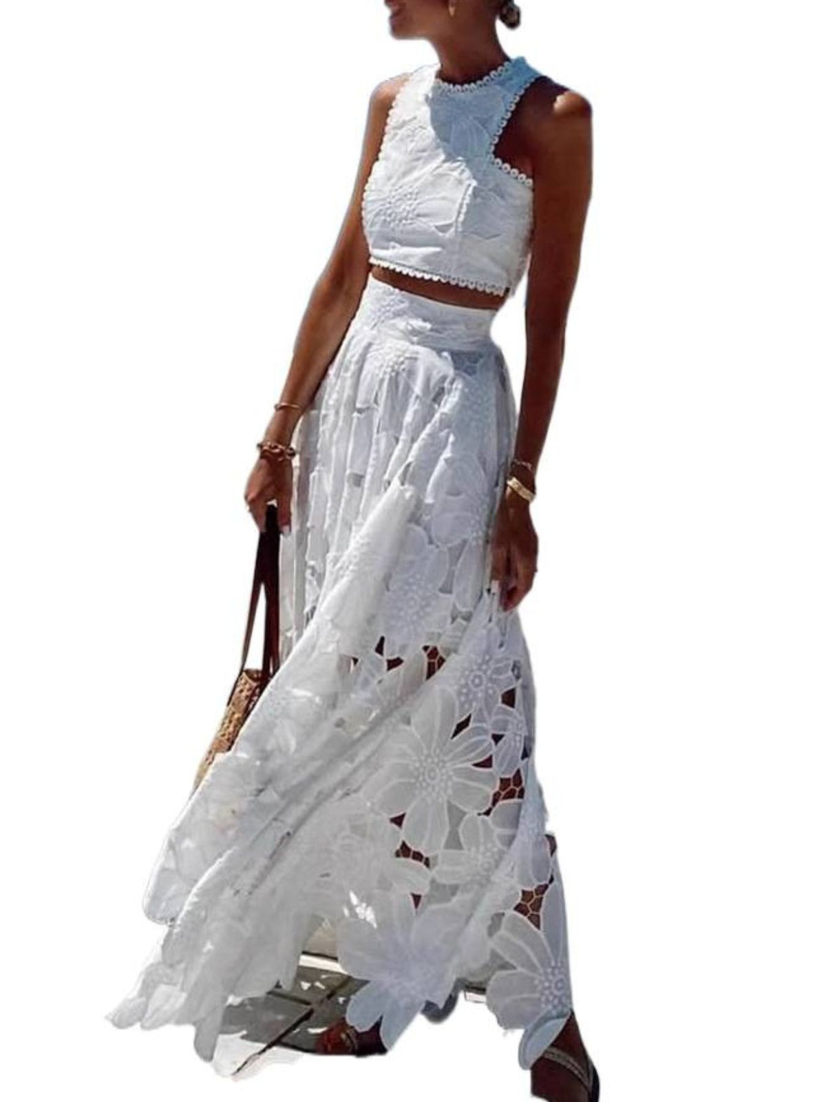 Floral lace tank top and matching skirt set from Trendsi, featuring delicate lace details and a stylish two-piece design.