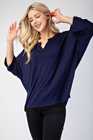 Notched Three-Quarter Sleeve Blouse