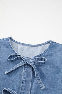 Dusk Blue Bow Tie Front Bubble Sleeve Peplum Denim Shirt