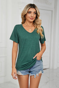 Trendsi Essential V-Neck Tee in soft fabric, shown in a relaxed fit, featuring a classic V-neck design.