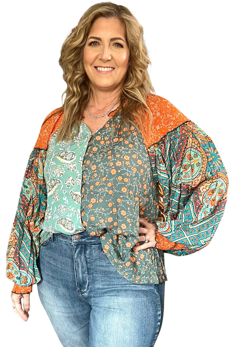 Green Floral Patchwork V Neck Lantern Sleeve Plus Size Blouse