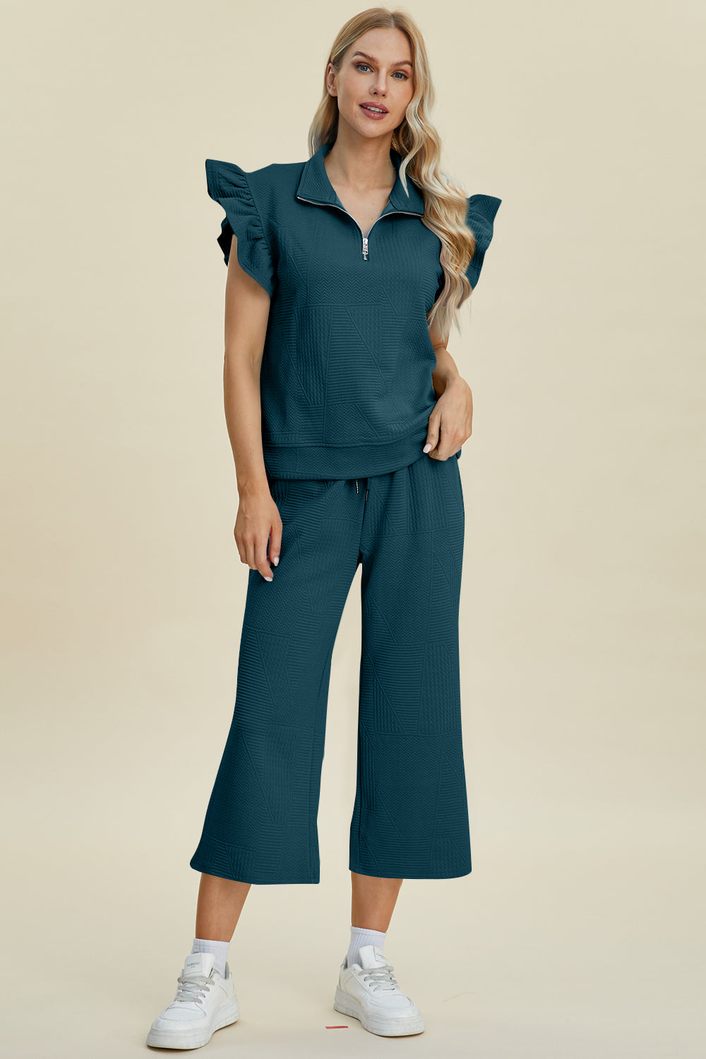 Double Take Texture Ruffle Short Sleeve Top and Wide Leg Pants Set