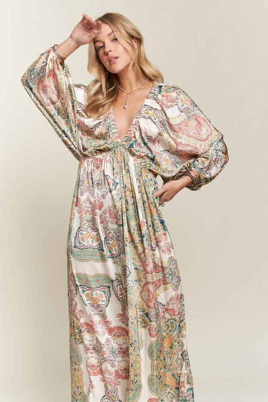 Printed V-Neck Batwing Sleeve Dress