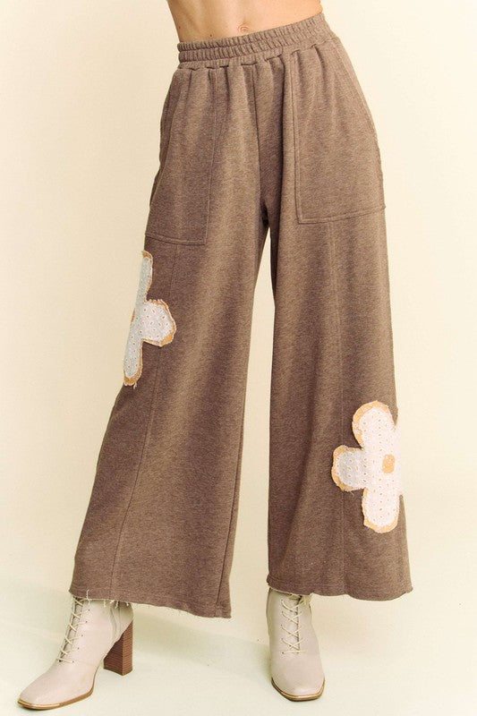 Flower Patch Elastic Waist Wide Leg Pants