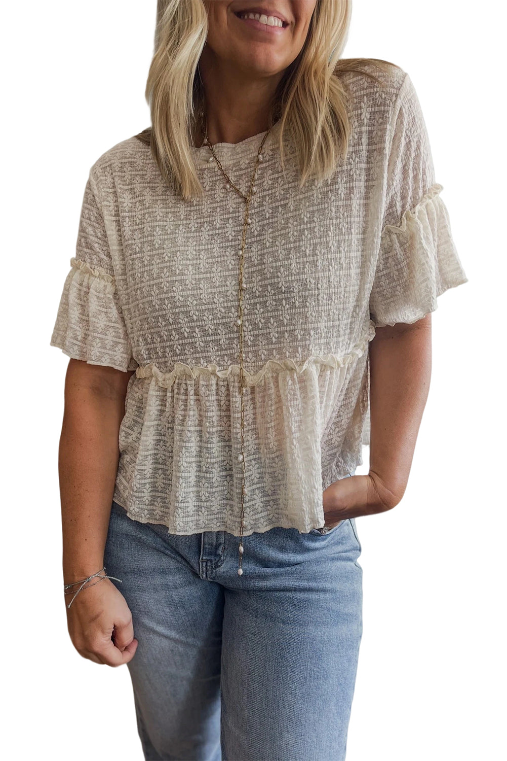 Beige Solid Color Lace Textured Ruffle Blouse