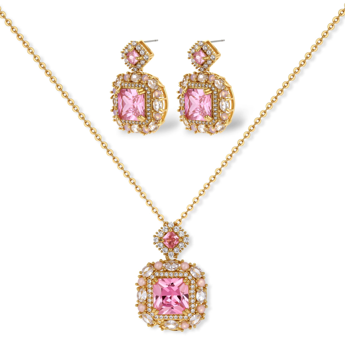 14K gold-plated jewelry set featuring square-cut cubic zirconia stones in ornate layered settings on white background.