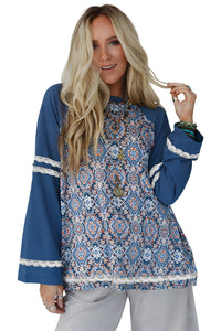 Blue Boho Geometric Print Lace Ricrac Raglan Sleeve Blouse