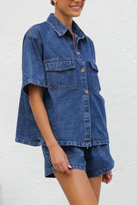 Collared Neck Button Up Top and Shorts Denim Set