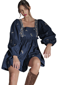 Blue Floral Embroidered Puff Sleeve Babydoll Dress