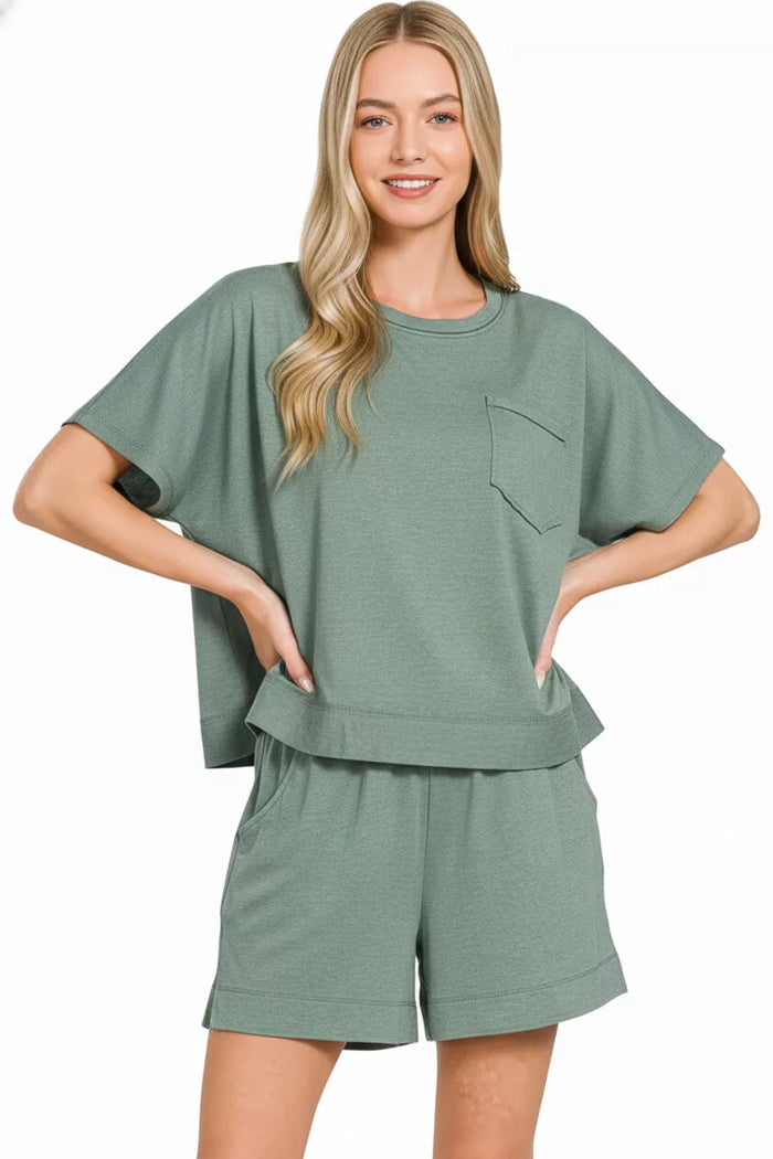 Zenana exposed seam boxy top and shorts set featuring a trendy two-piece design with exposed seam details, perfect for casual wear.