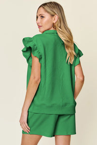 Trendsi Double Take texture flounce sleeve top and drawstring shorts two-piece set, casual and stylish for warm weather.