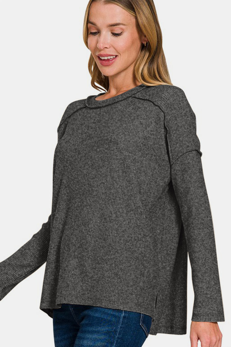 Exposed Seam Brushed Round Neck Sweater