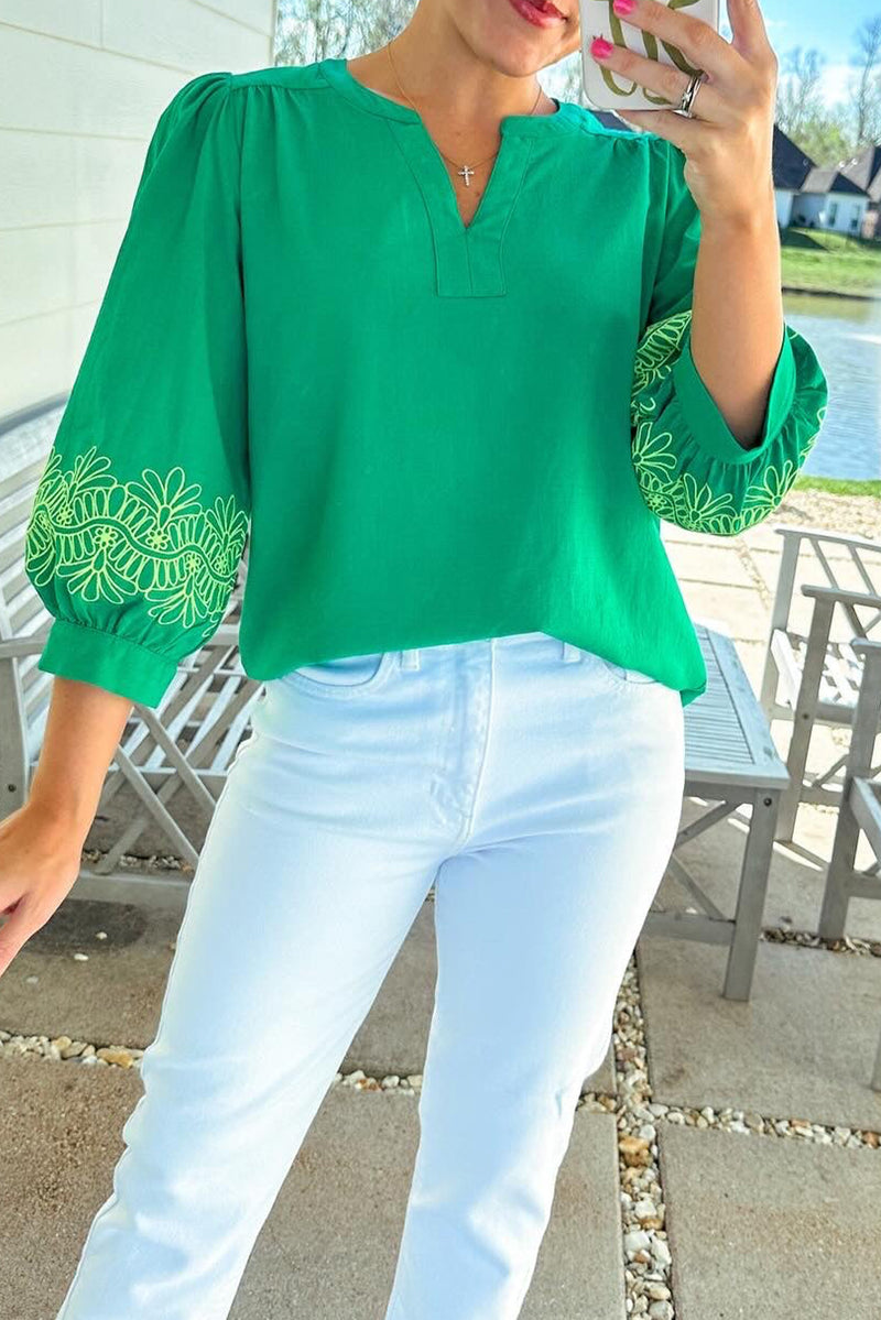 Green Floral 3/4 Sleeve Notched V Neck Blouse