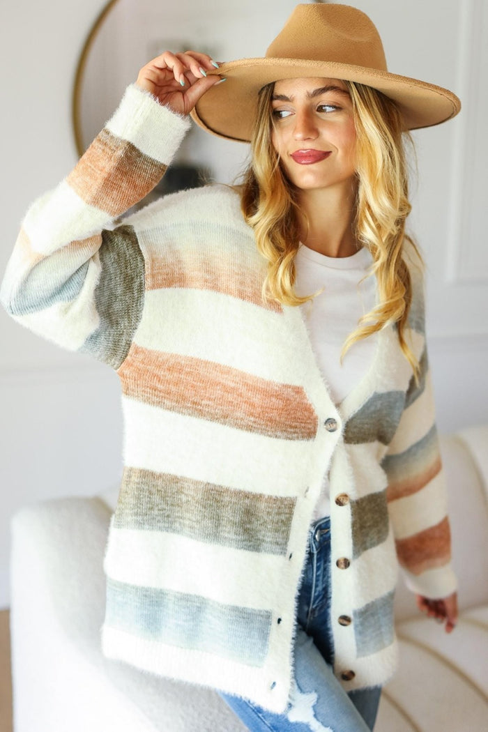 Haptics Button Down Stripe Soft Fuzzy Sweater Cardigan