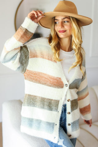 Haptics Button Down Stripe Soft Fuzzy Sweater Cardigan