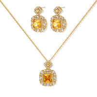 14K gold-plated jewelry set featuring square-cut cubic zirconia stones in ornate layered settings on white background.