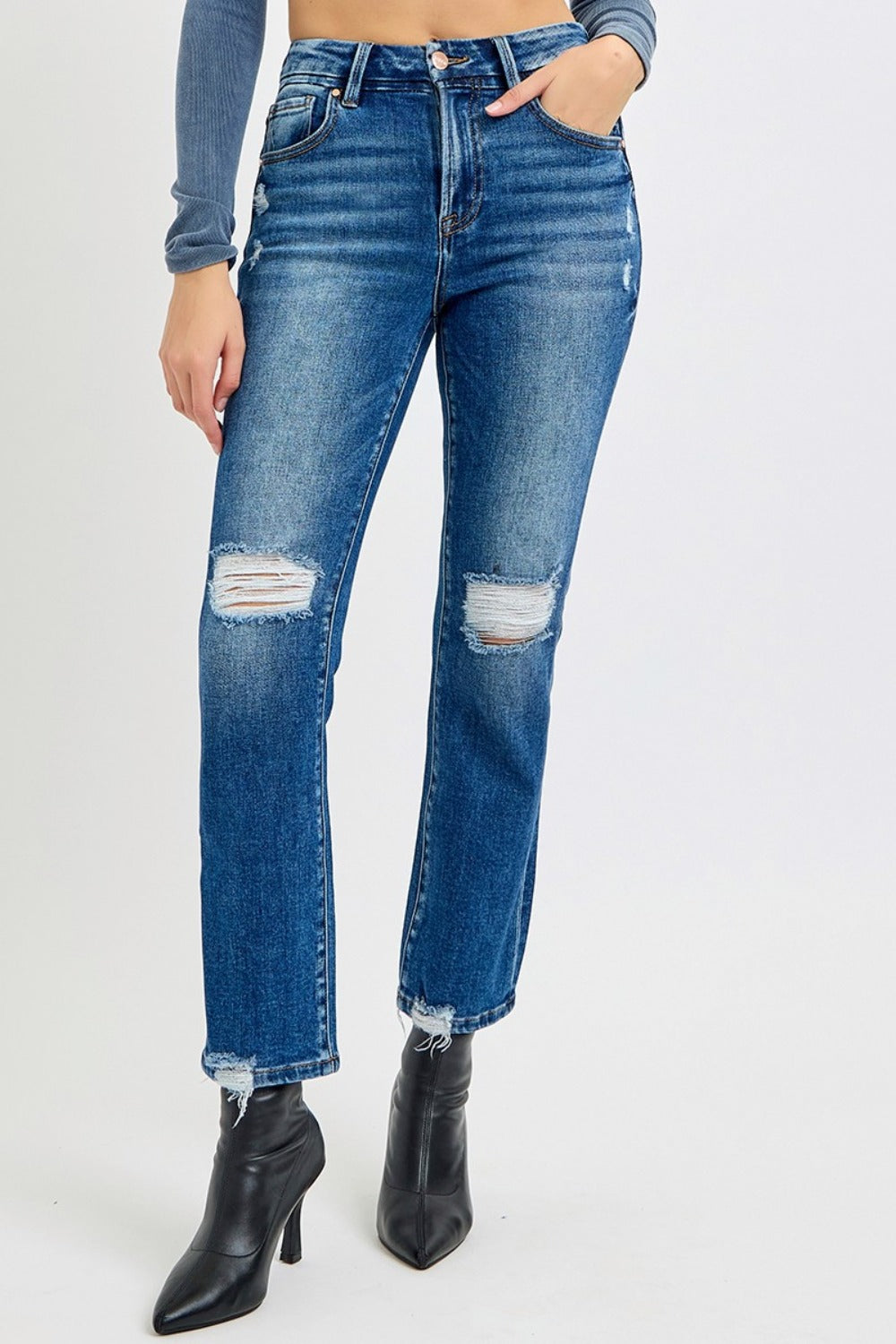 RISEN High Rise Distressed Crop Straight Jeans