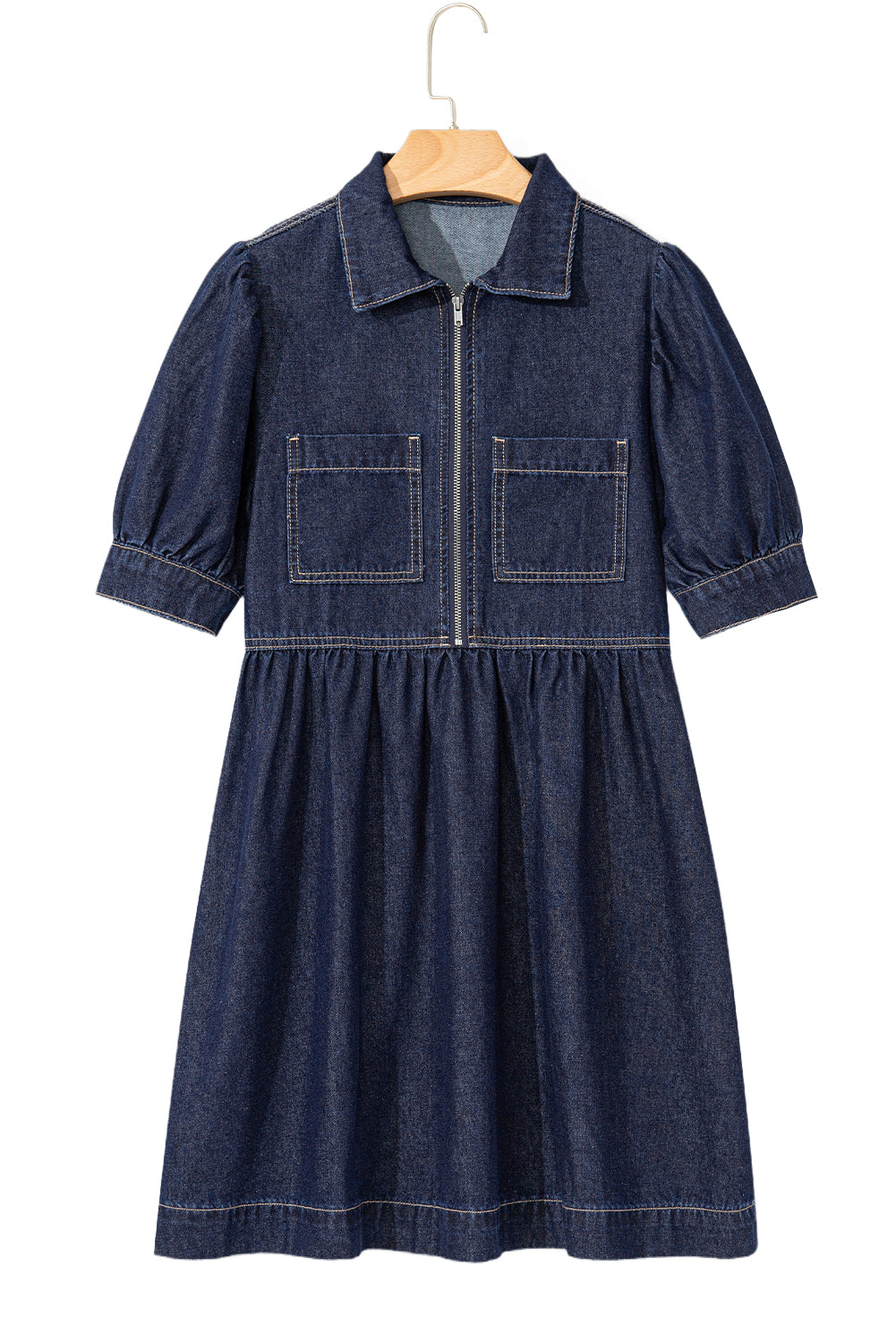 Dirty Blue Puff Sleeve Half Zipper Denim Flowy Dress