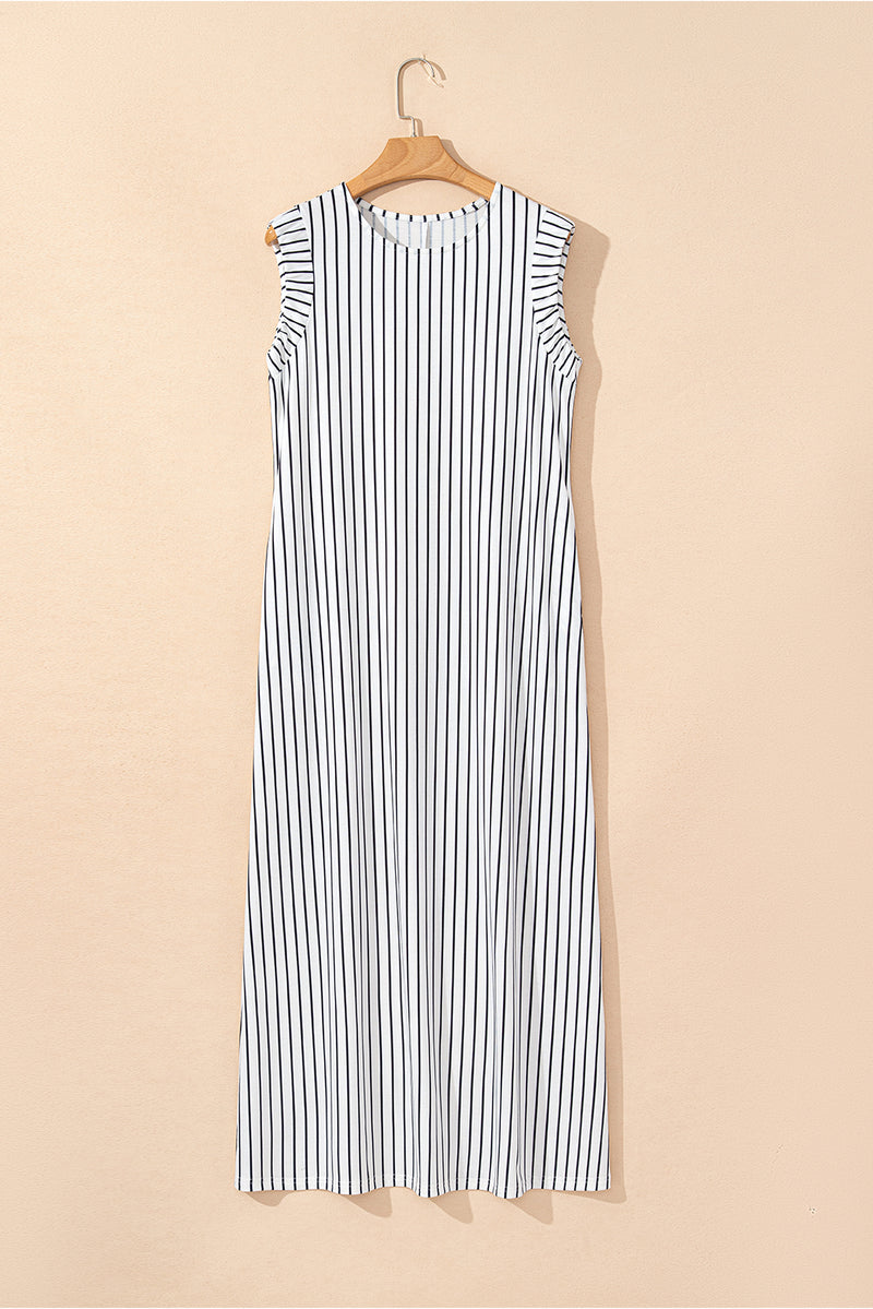 Black White Striped Round Neck Maxi Vest Dress