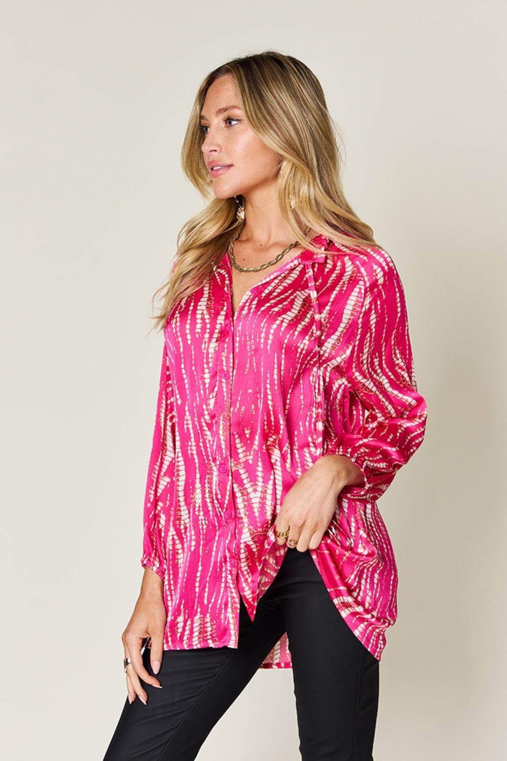 Double Take Printed Button Up Long Sleeve Shirt