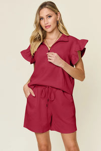 Trendsi double take texture flounce sleeve top and drawstring shorts set, stylish two-piece outfit with textured fabric and flounce sleeves.