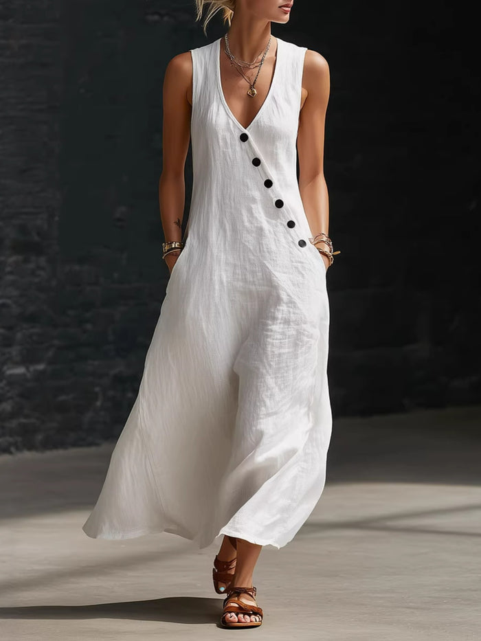 Sleeveless button-down midi dress by Trendsi featuring a fitted waist and flowing skirt, perfect for casual or semi-formal wear.