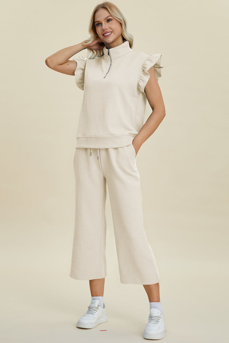 Double Take Texture Ruffle Short Sleeve Top and Wide Leg Pants Set