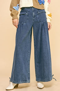 Drawstring Hem Wide Leg Mid Rise Jeans