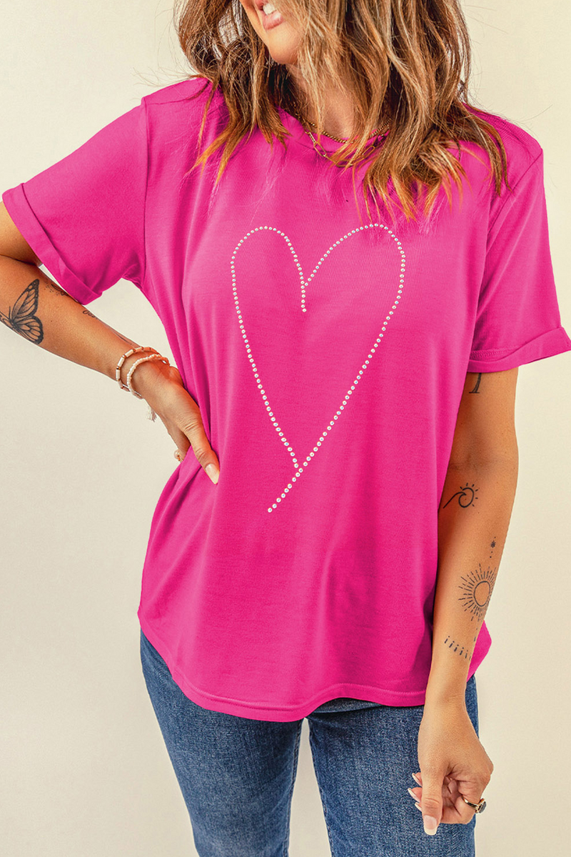 Rose Red Rhinestone Heart Graphic Crewneck Valentines Tee