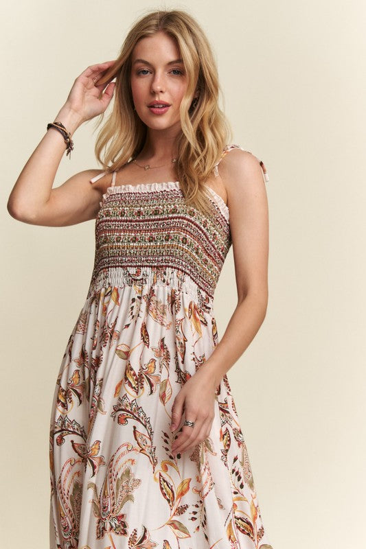 Smocked Printed Square Neck Tie Shoulder Cami Dress