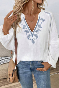 White Paisley Embroidered Crinkle Split Neck Blouse