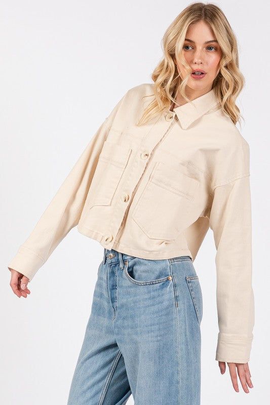 Button Down Cropped Denim Jacket with Patch Pockets