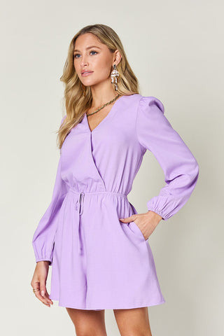 Double Take Drawstring Long Sleeve Romper