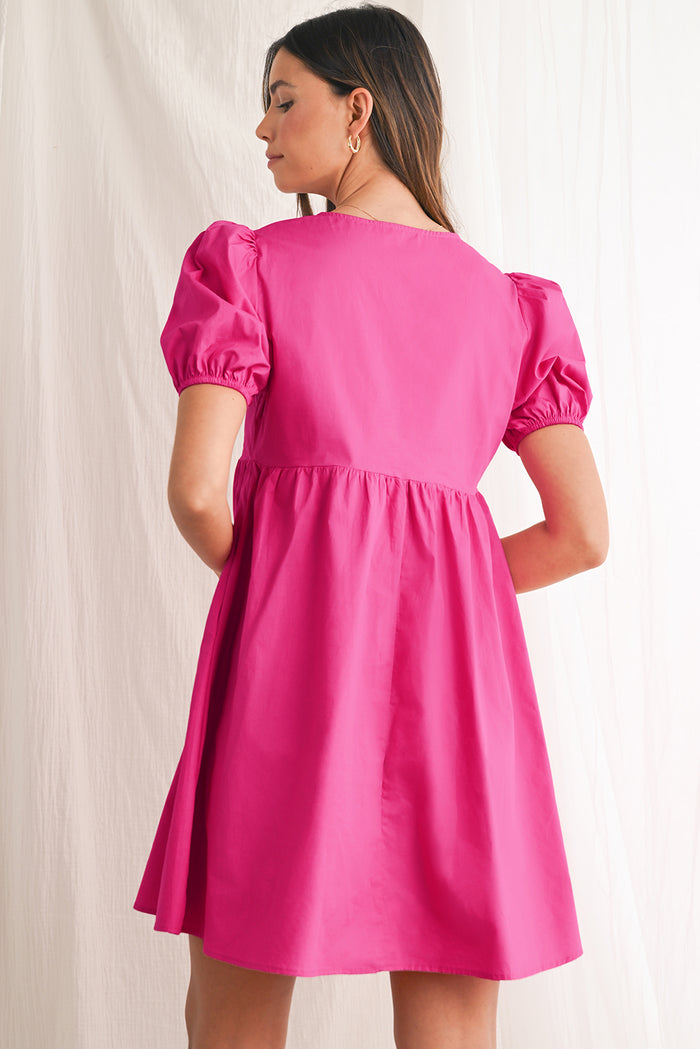 Bright Pink Tie Front Puff Sleeve Mini Dress