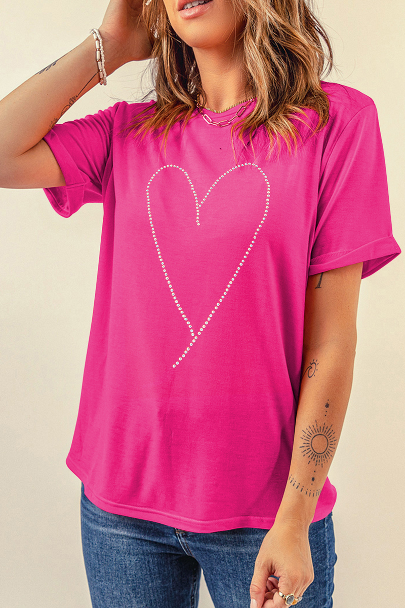 Rose Red Rhinestone Heart Graphic Crewneck Valentines Tee