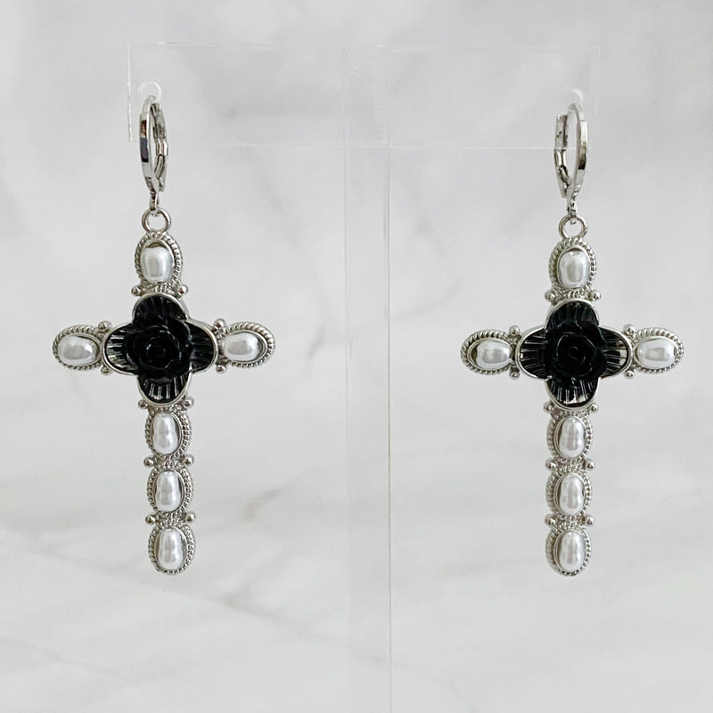 Black Rose Cross Earrings