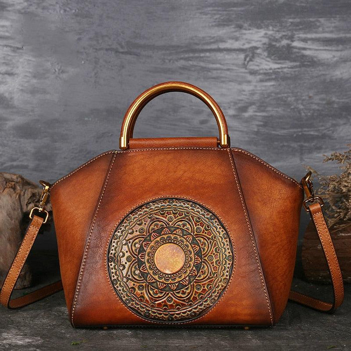 Mandala Embossed Leather Shoulder Bag