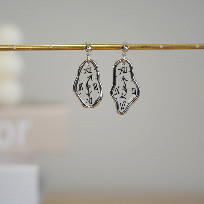 Melting Dali Clock Earrings |Hand-painted Gold and Silver Dali's Soft Watches | Resin Modern Art Earrings