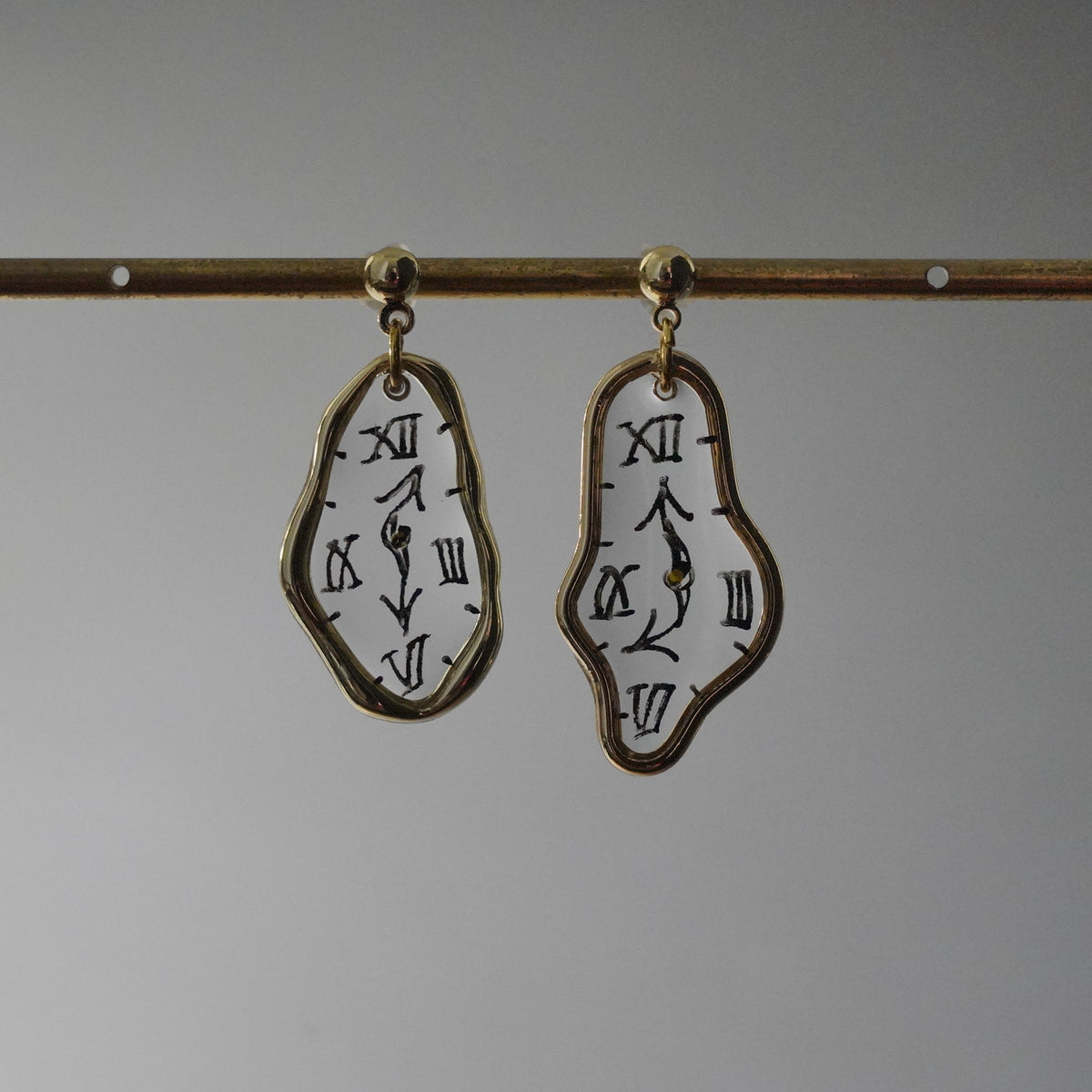 Melting Dali Clock Earrings |Hand-painted Gold and Silver Dali's Soft Watches | Resin Modern Art Earrings