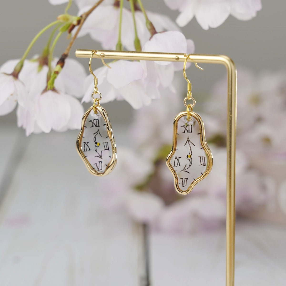Melting Dali Clock Earrings |Hand-painted Gold and Silver Dali's Soft Watches | Resin Modern Art Earrings