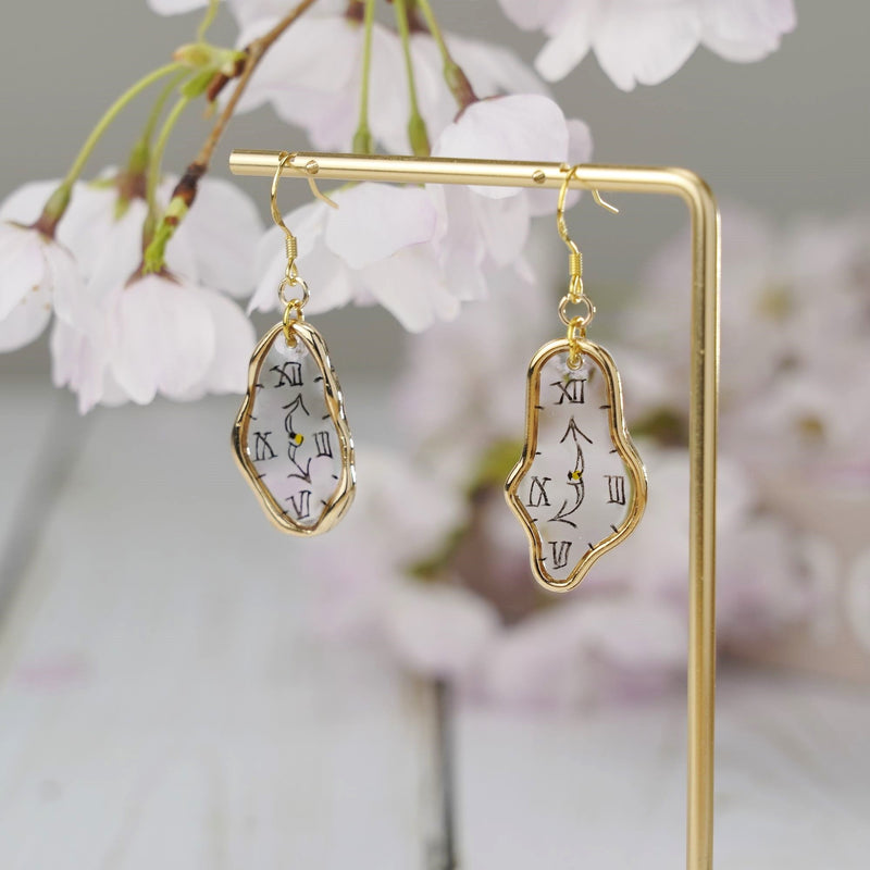 Melting Dali Clock Earrings |Hand-painted Gold and Silver Dali's Soft Watches | Resin Modern Art Earrings