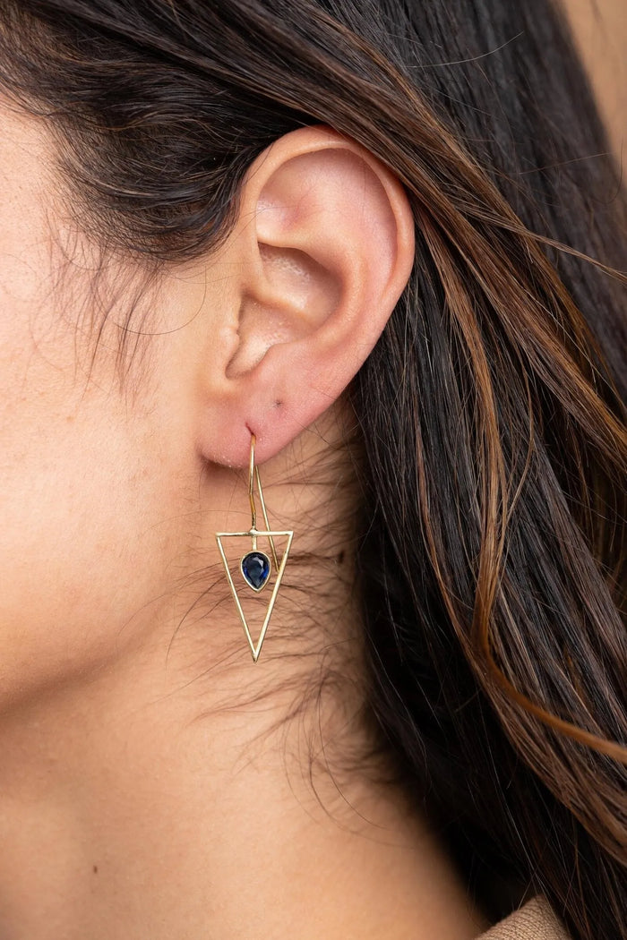 Silver triangle open frame gemstone earrings by SAACHI featuring geometric design and colorful gemstones.