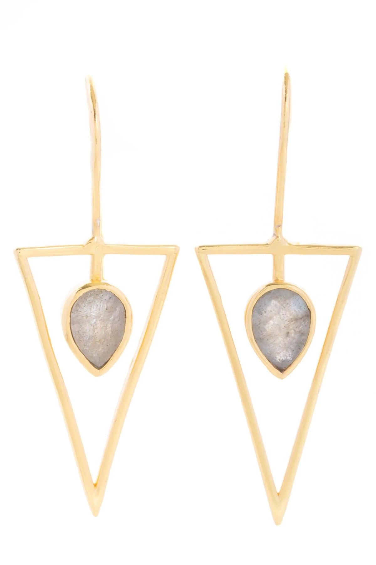 Triangle open frame gemstone earrings by SAACHI featuring geometric design and colorful gemstones in a stylish earring style.