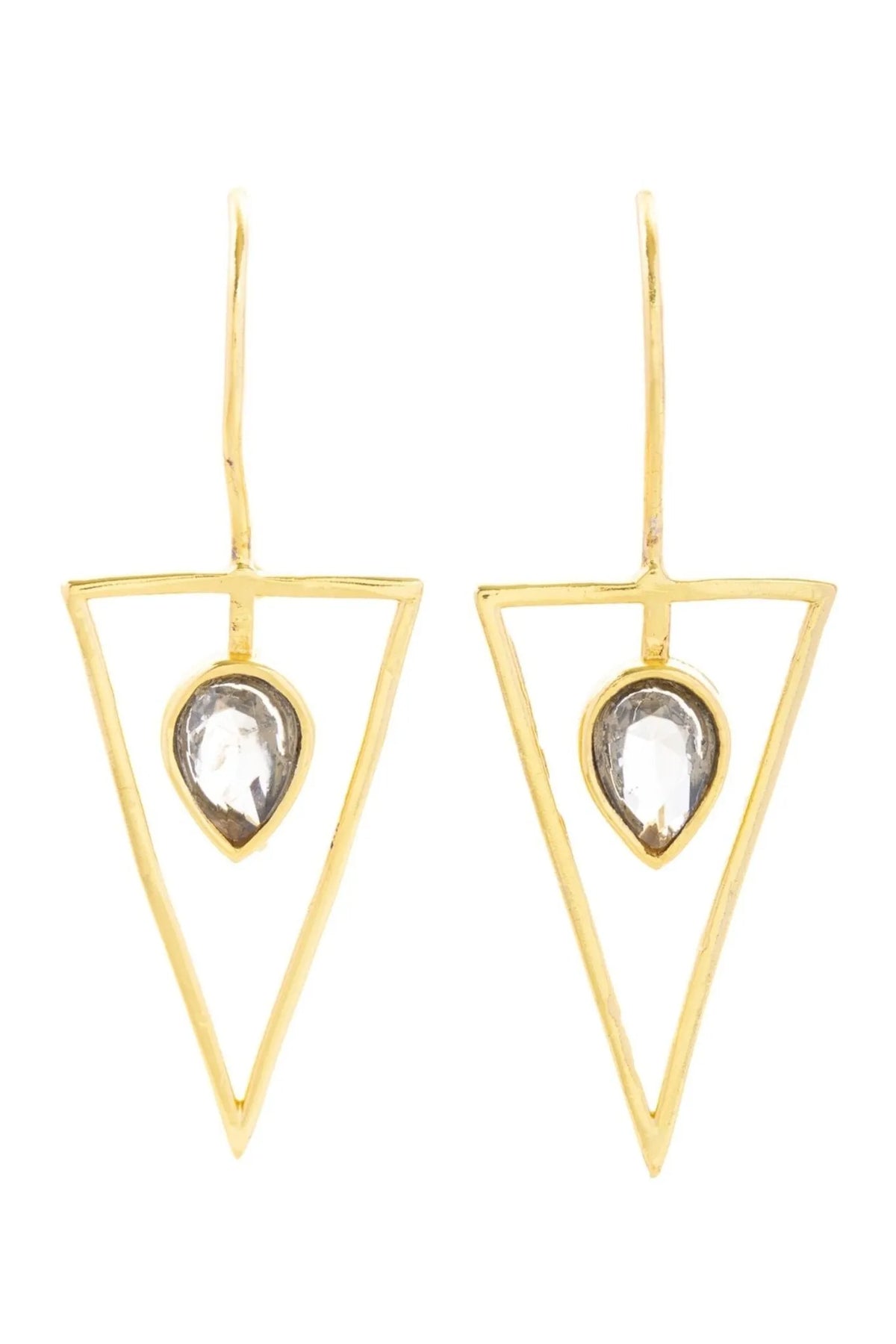 SAACHI Triangle Open Frame Gemstone Earrings showcasing geometric design and vibrant gemstones on a white background.