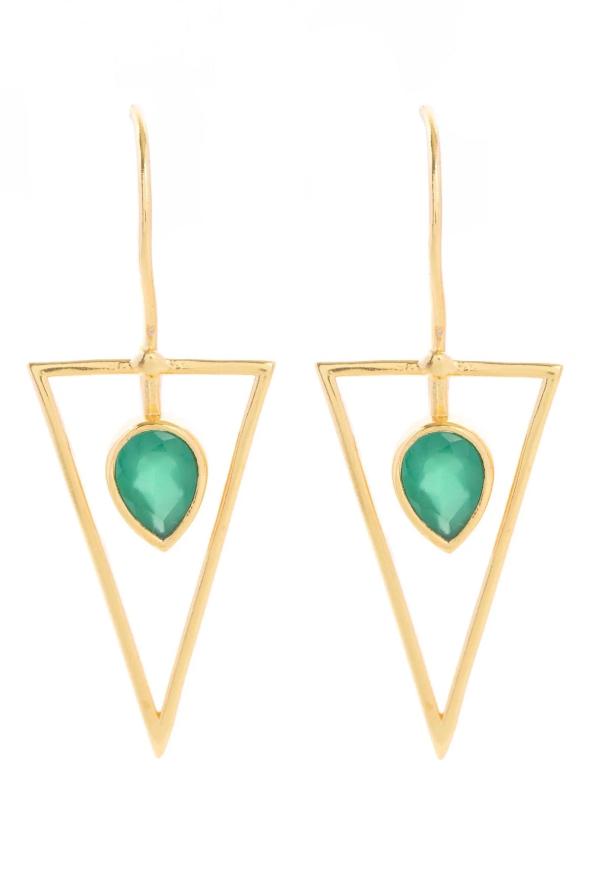 SAACHI Triangle open frame gemstone earrings featuring geometric design and colorful gemstones on silver-tone metal.